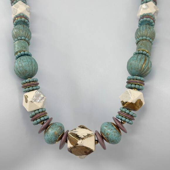 Turquoise and Ivory Bead Necklace, 28" Length, Multi-Textured, Earthy Style - Picture 2 of 6